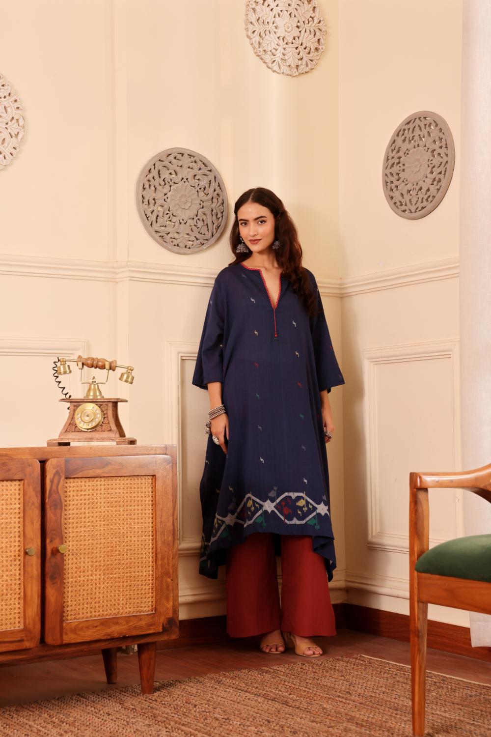 Navy Blue woven jamdani Cotton Kurta with Rust Pants for Women