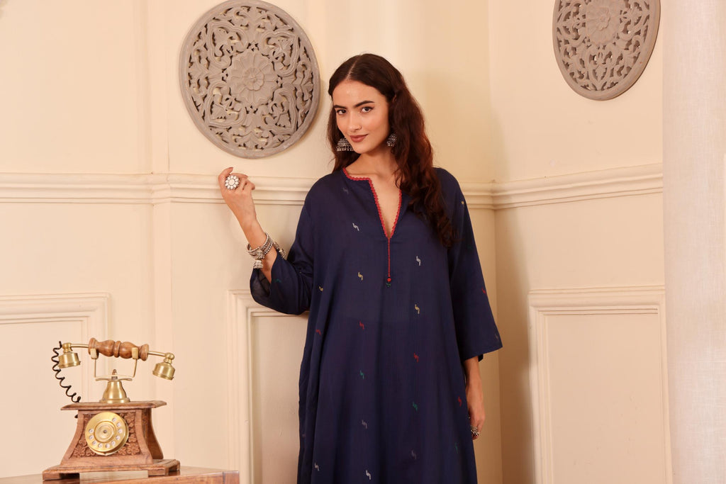 Navy Blue woven jamdani Cotton Kurta with Rust Pants for Women