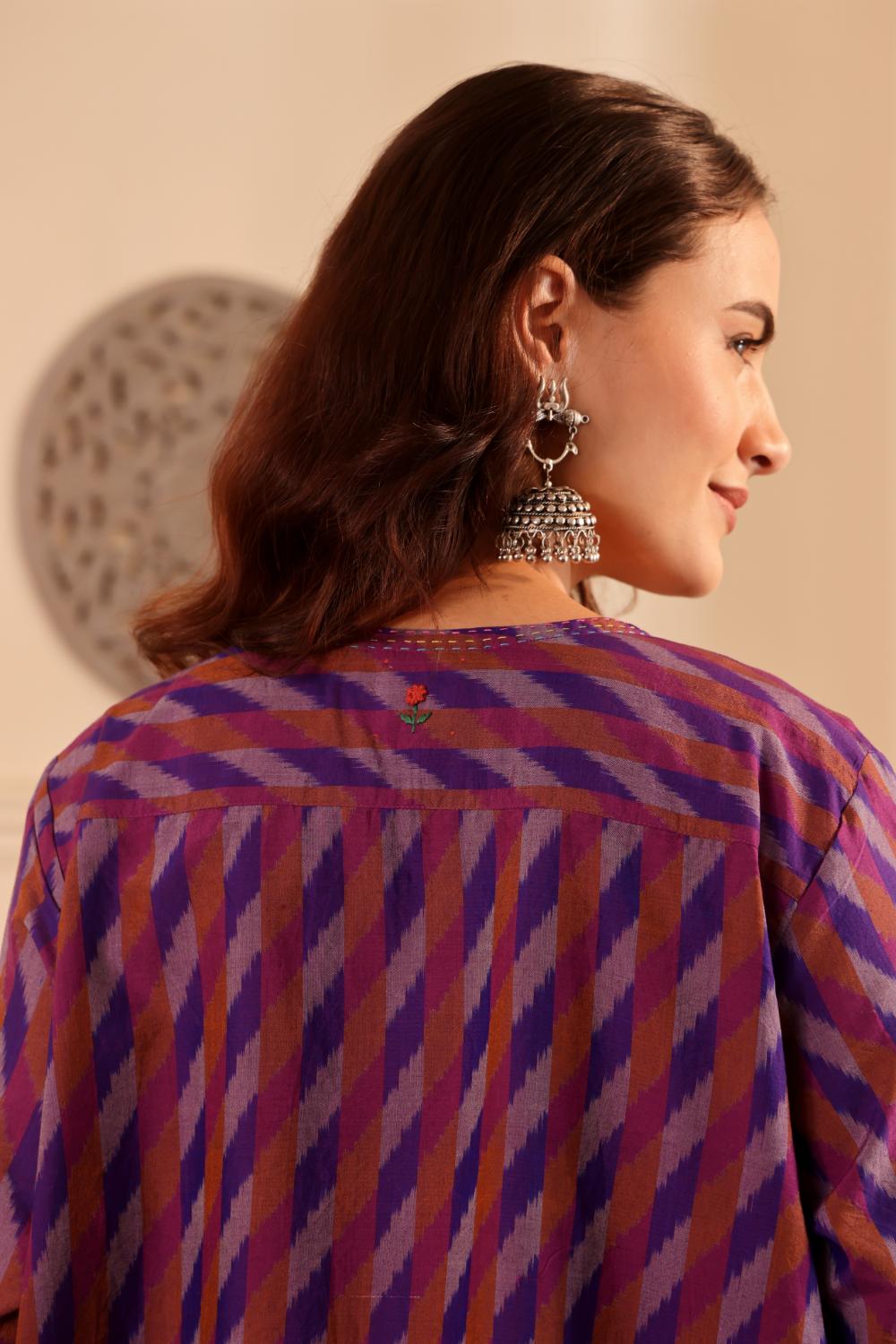 Purple & Rust Chevron Handwoven Cotton Silk Ikkat Kurta for Women