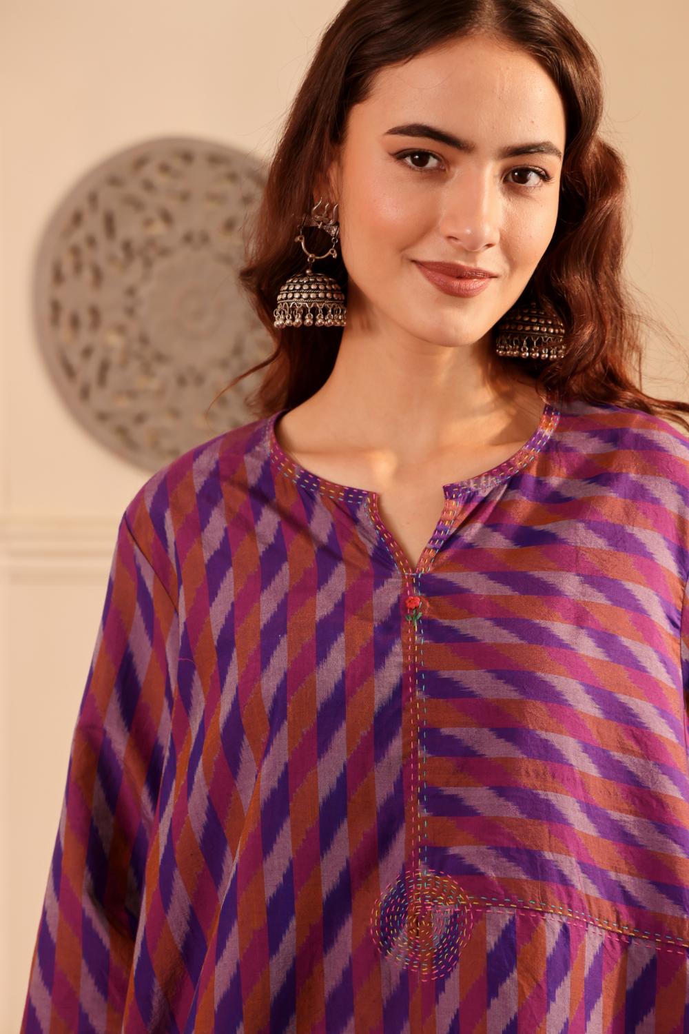 Purple & Rust Chevron Handwoven Cotton Silk Ikkat Kurta for Women