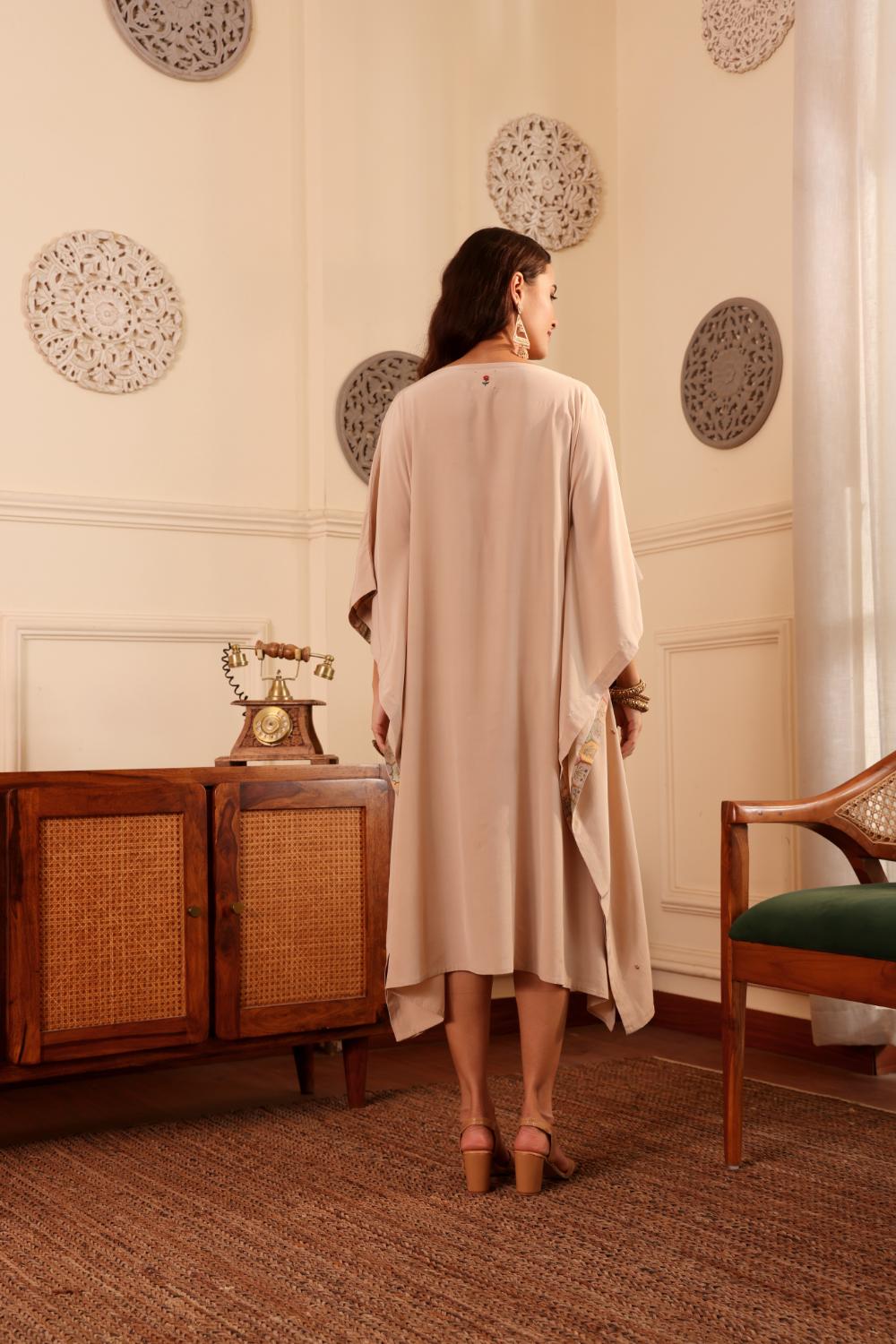 Women's Beige Embroidered Kaftan