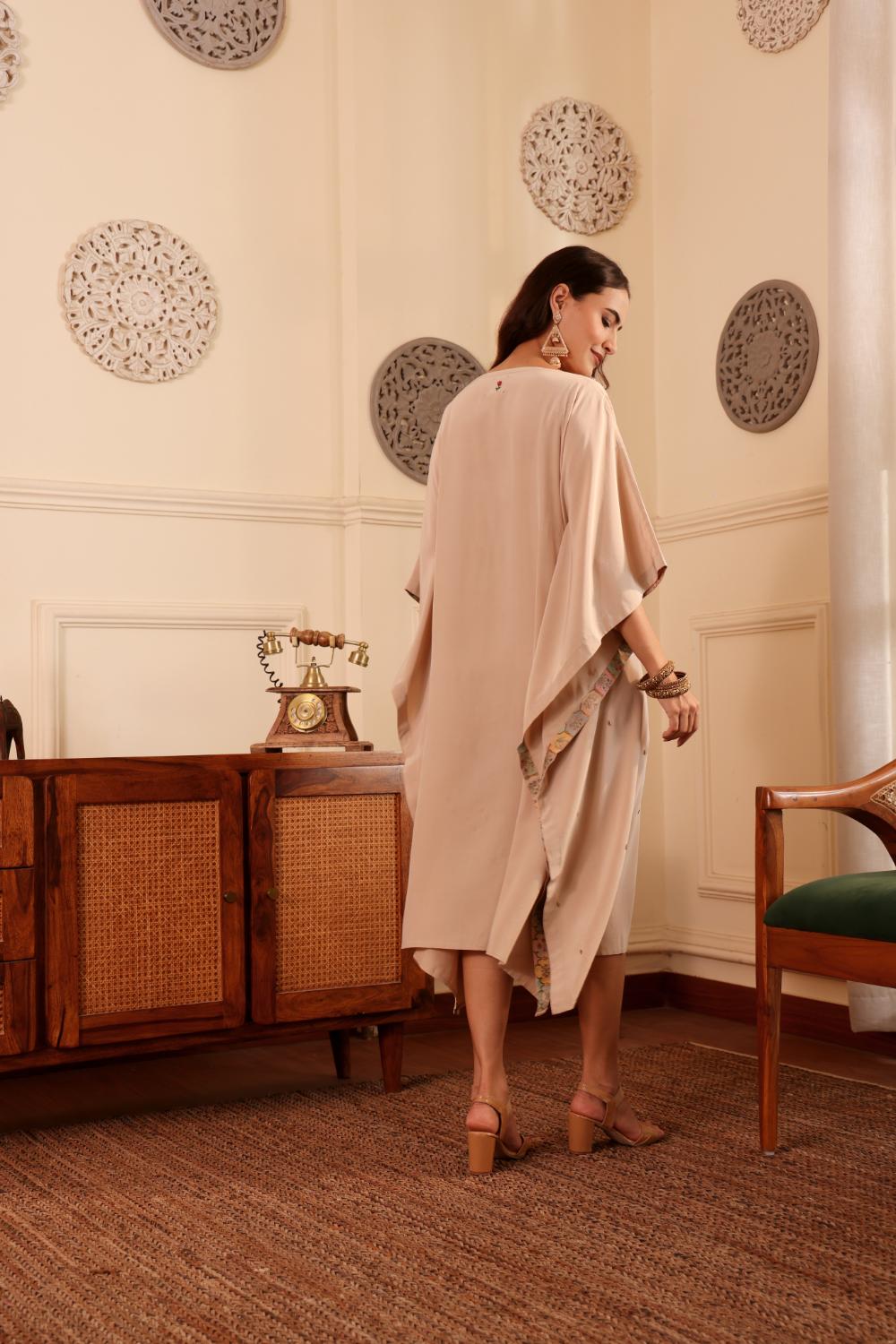 Women's Beige Embroidered Kaftan