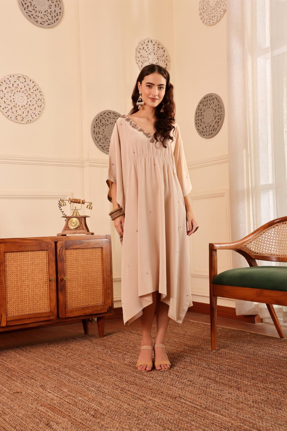 Women's Beige Embroidered Kaftan