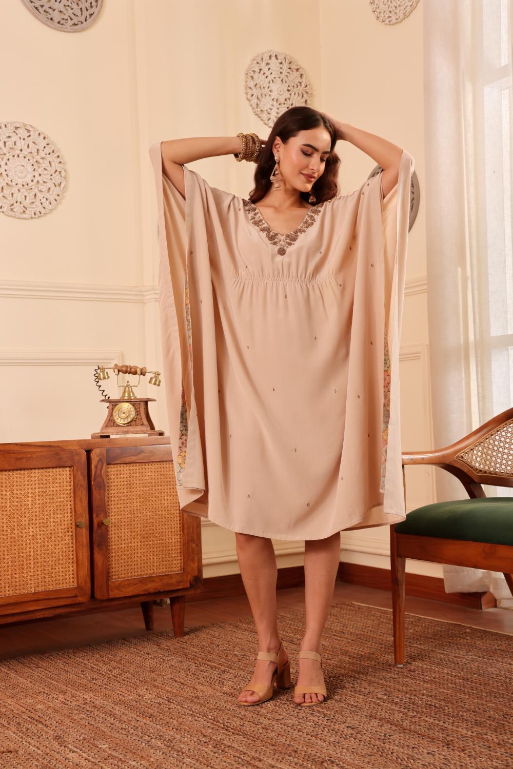 Women's Beige Embroidered Kaftan