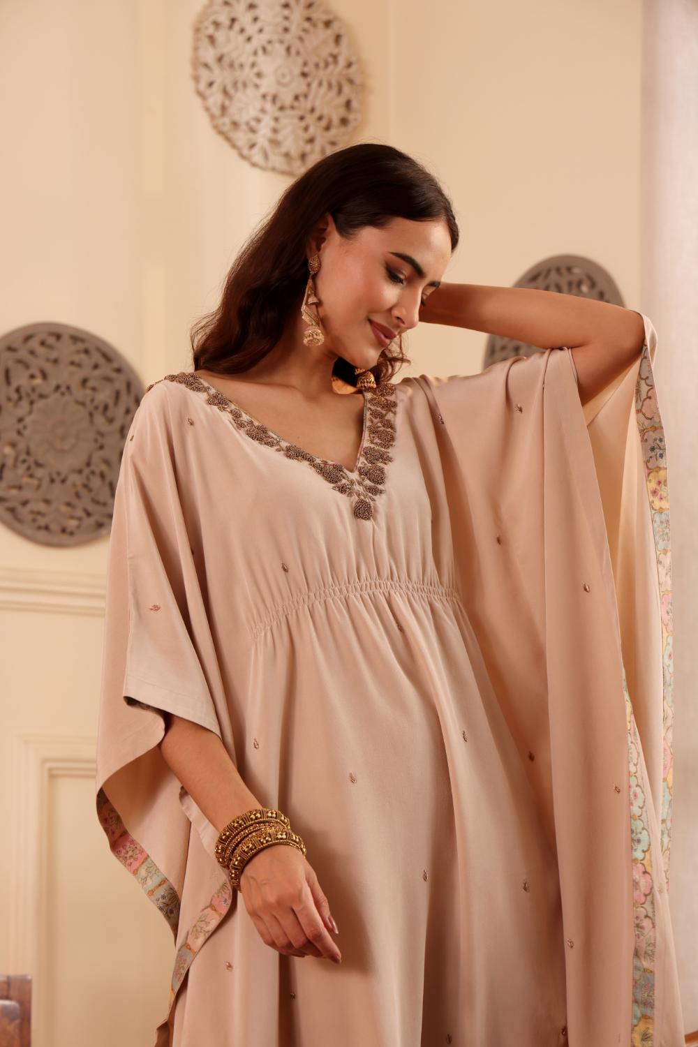 Women's Beige Embroidered Kaftan