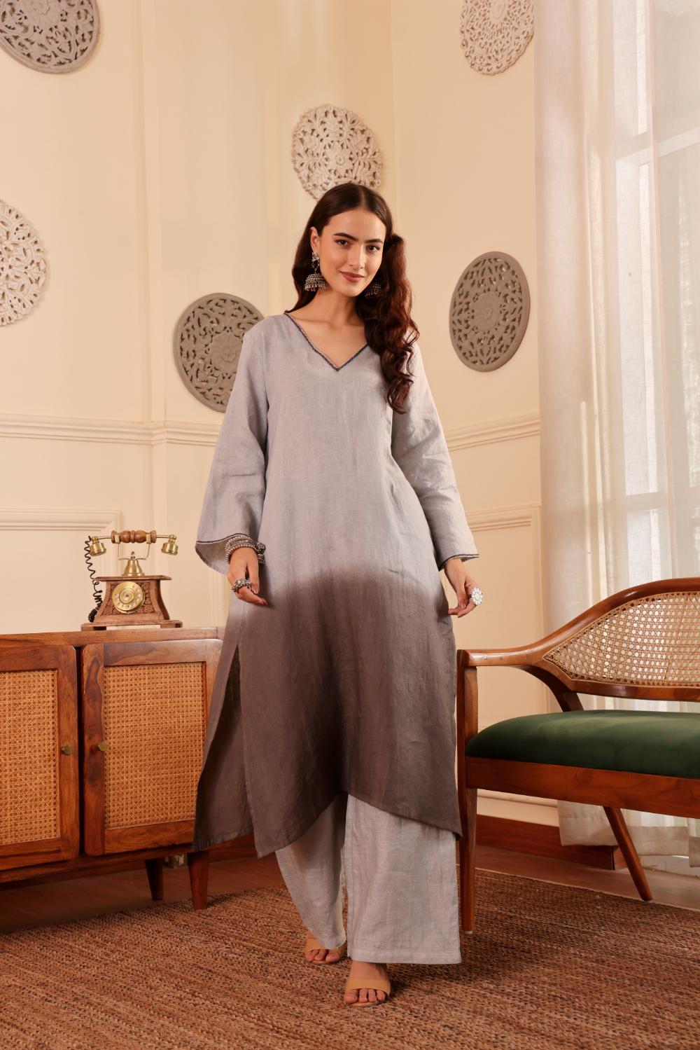 Silver Grey Ombre linen Kurta with Dupatta for Women