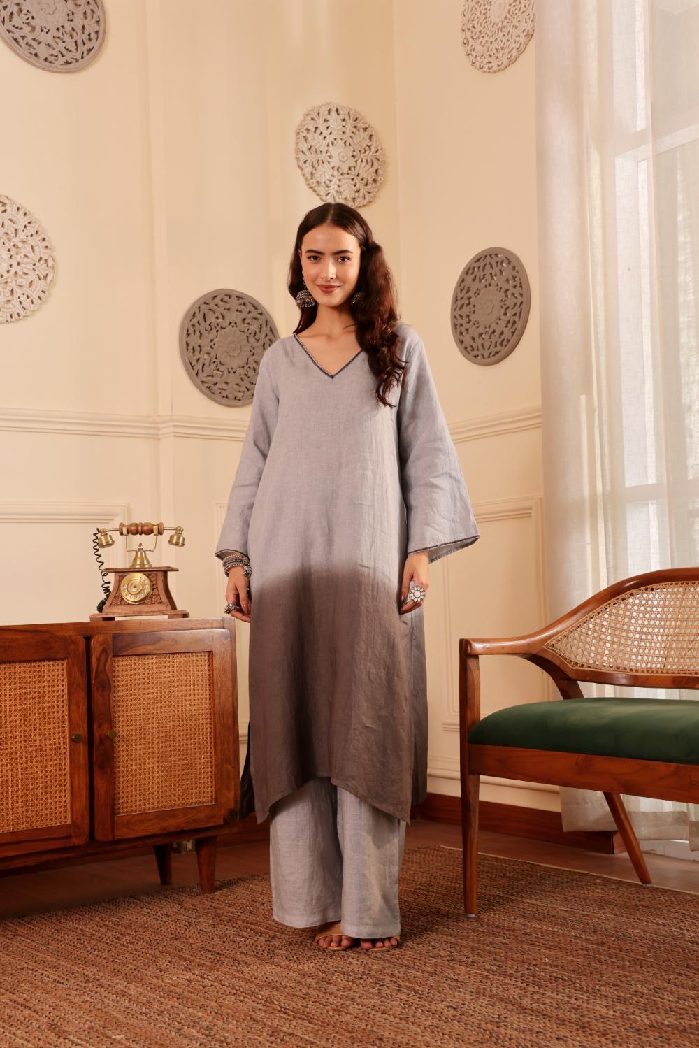 Silver Grey Ombre linen Kurta with Dupatta for Women