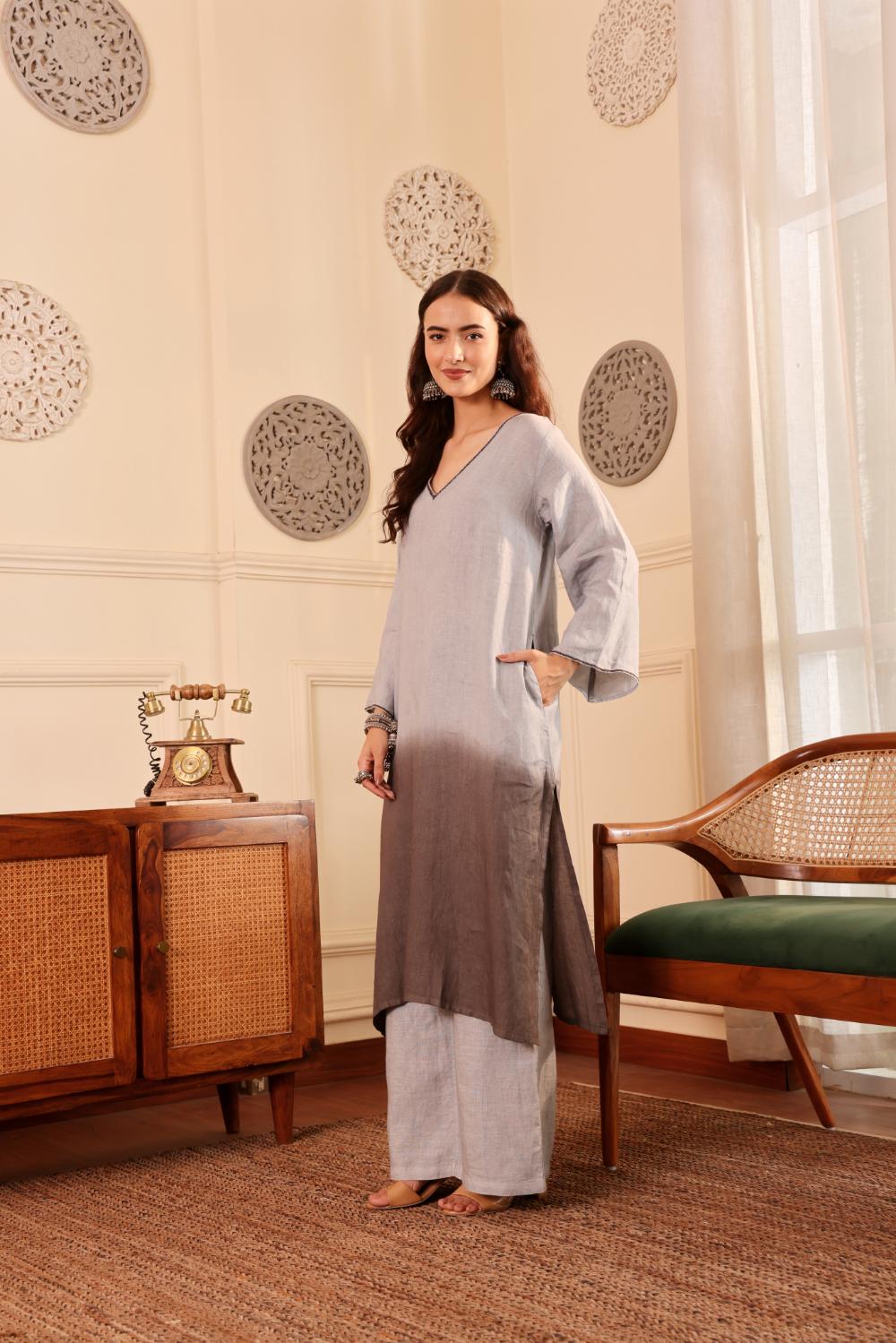 Silver Grey Ombre linen Kurta with Dupatta for Women