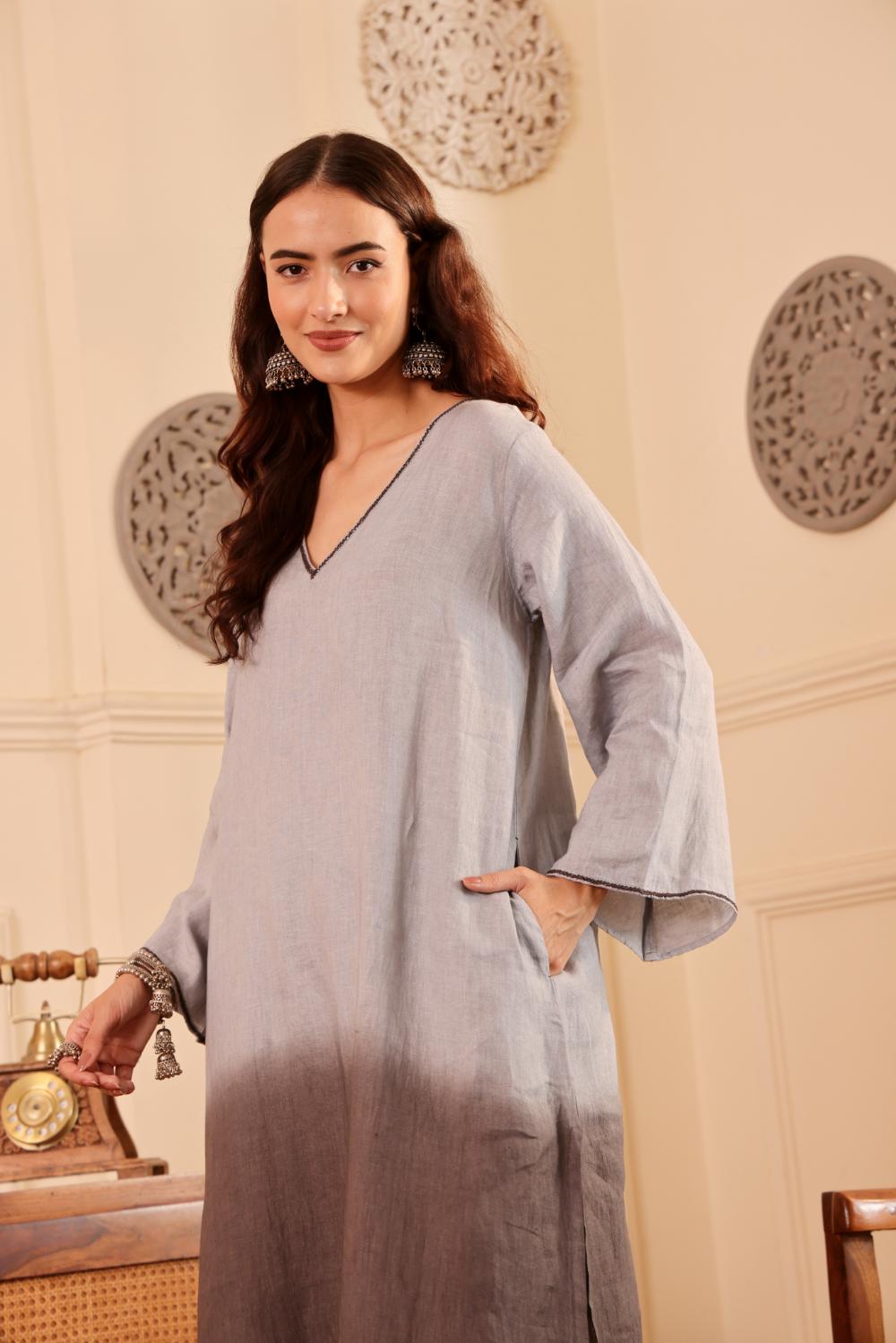 Silver Grey Ombre linen Kurta with Dupatta for Women