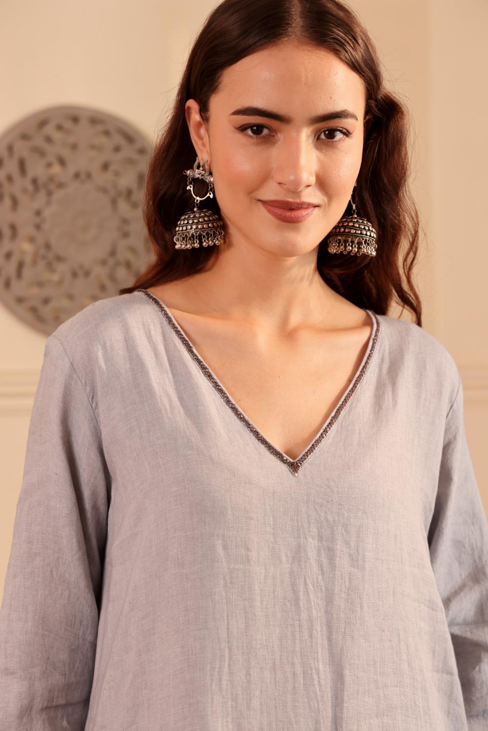 Silver Grey Ombre linen Kurta with Dupatta for Women
