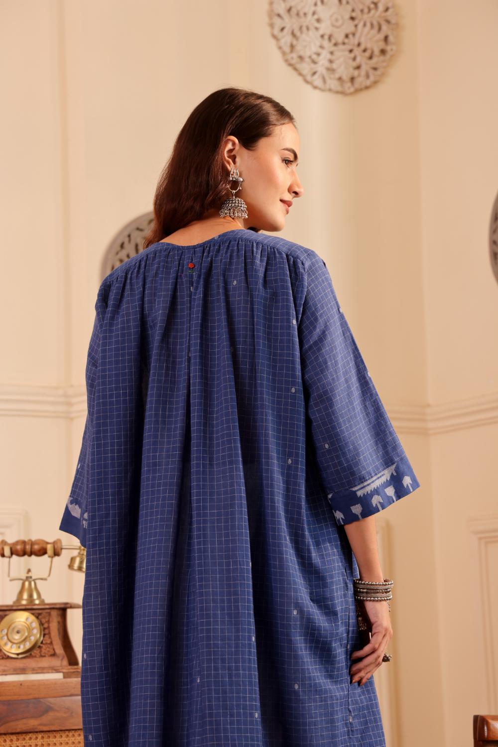 Royal Blue Checked Cotton Kurta for Women