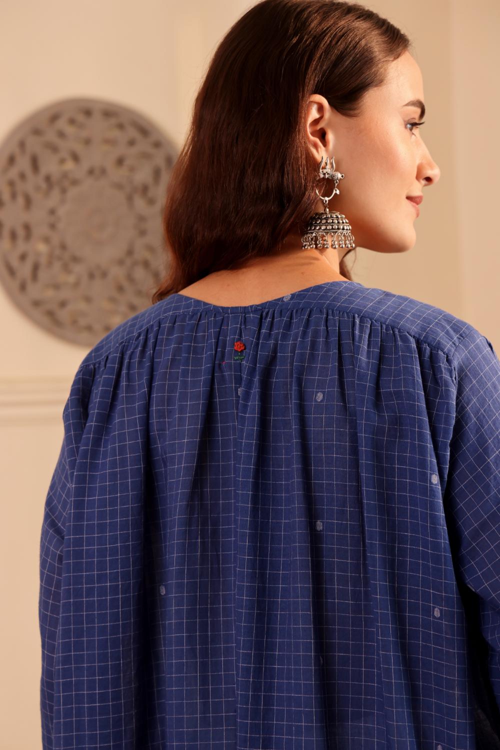 Royal Blue Checked Cotton Kurta for Women