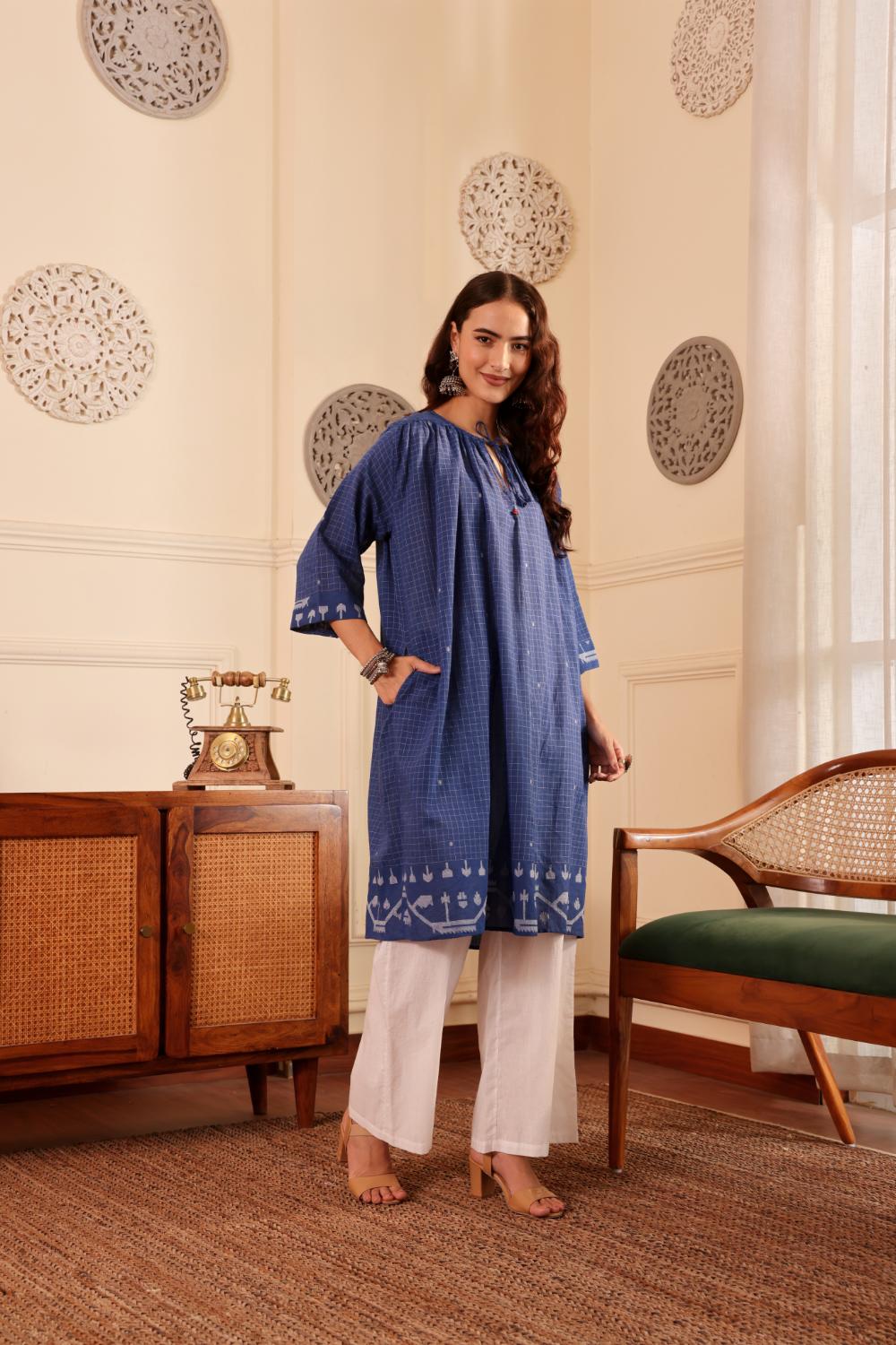 Royal Blue Checked Cotton Kurta for Women