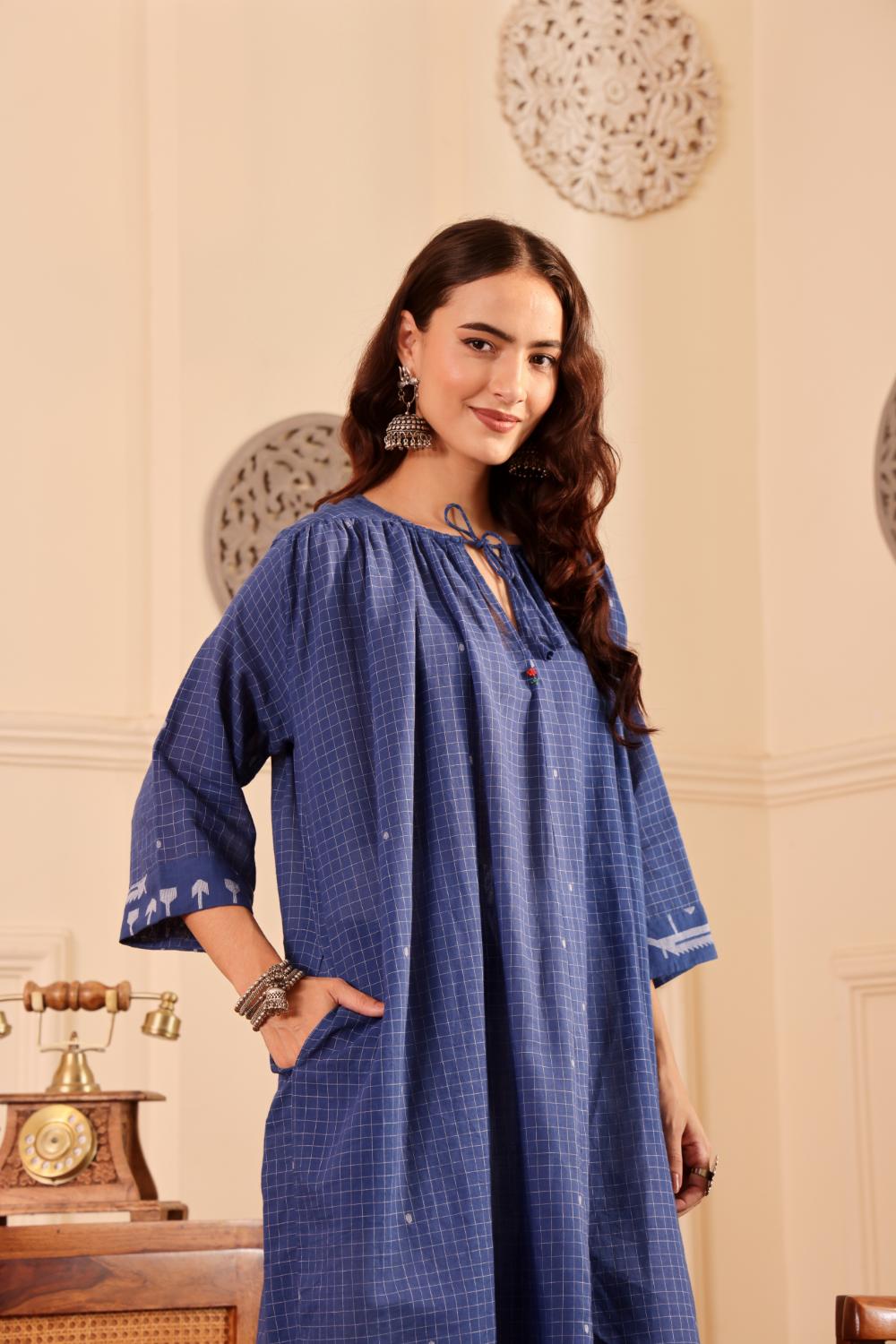 Royal Blue Checked Cotton Kurta for Women