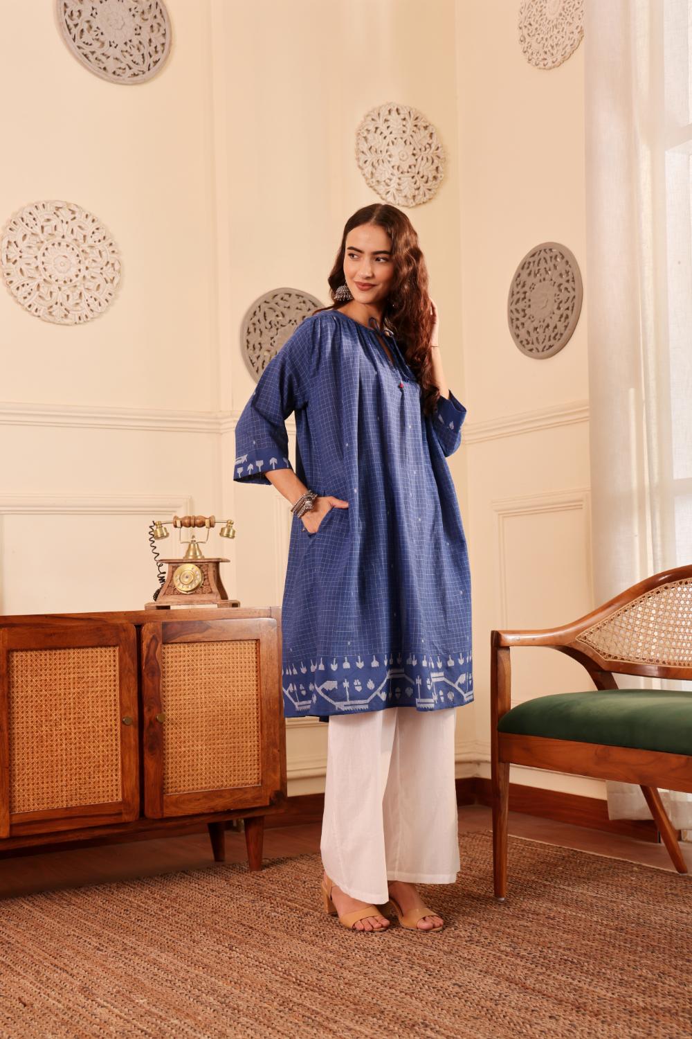 Royal Blue Checked Cotton Kurta for Women