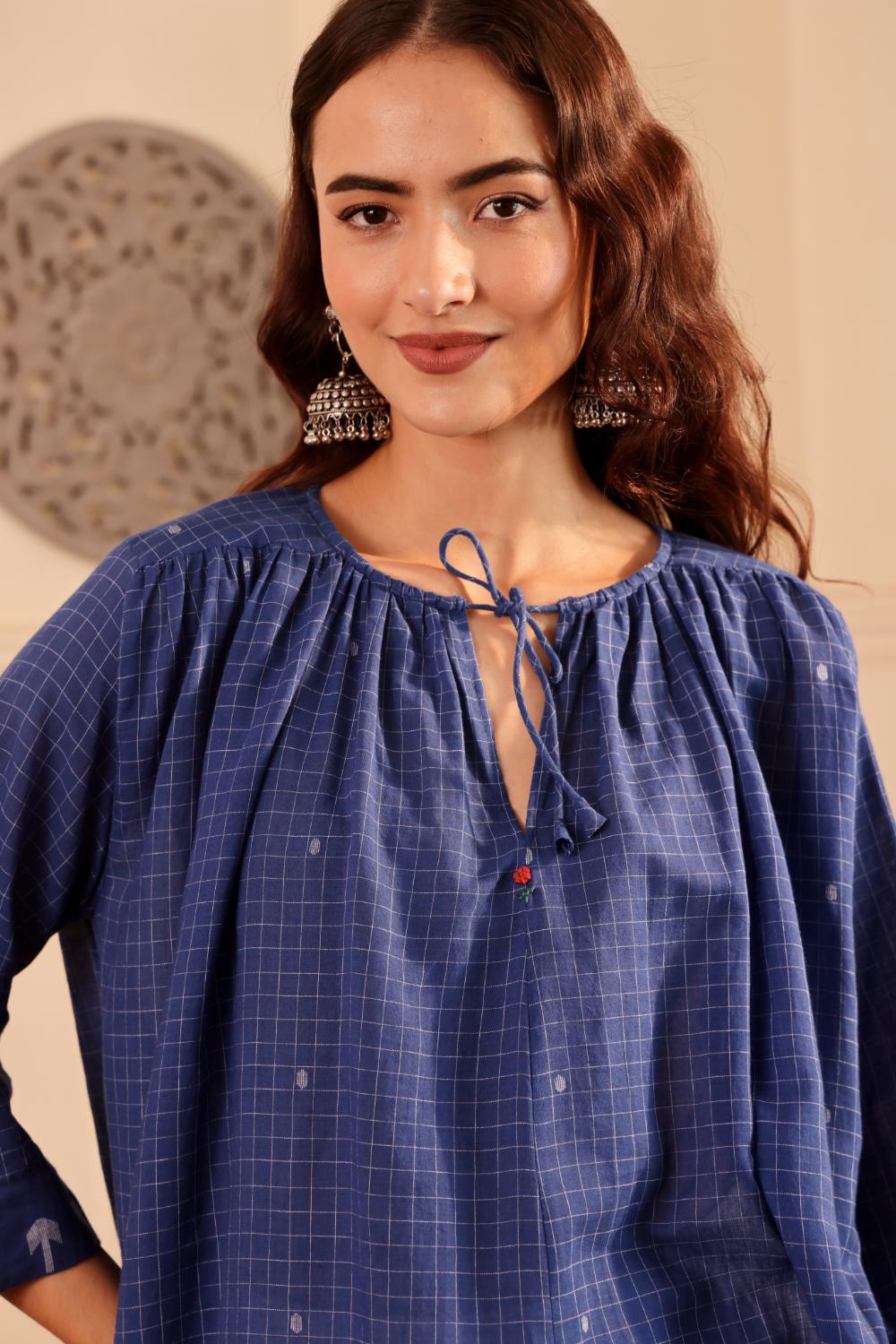 Royal Blue Checked Cotton Kurta for Women