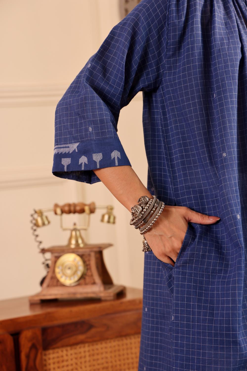 Royal Blue Checked Cotton Kurta for Women