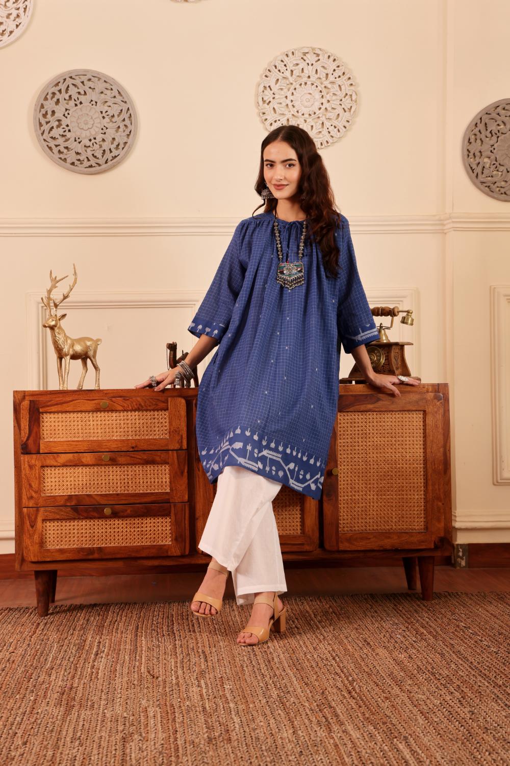Royal Blue Checked Cotton Kurta for Women
