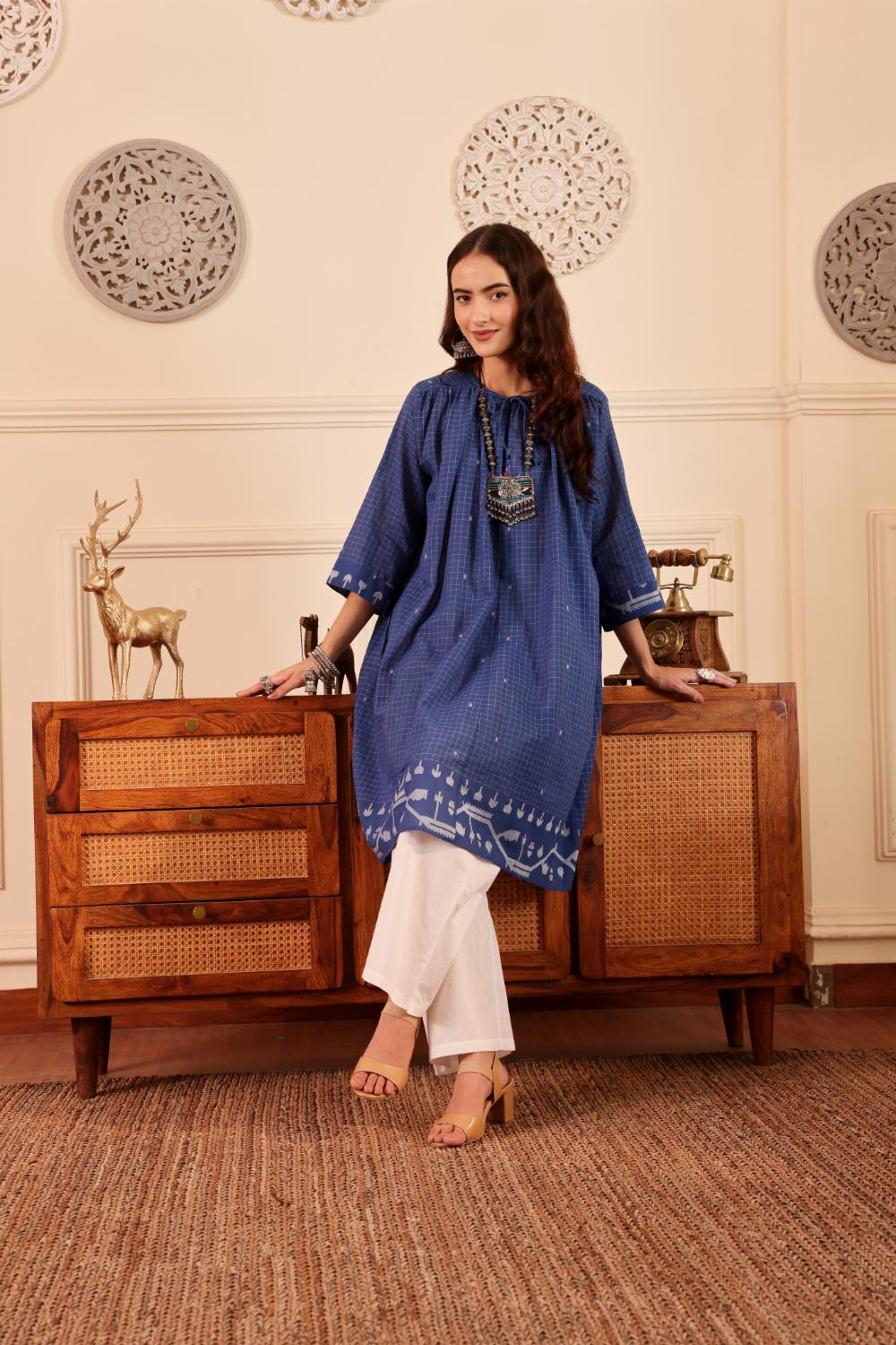 Royal Blue Checked Cotton Kurta for Women