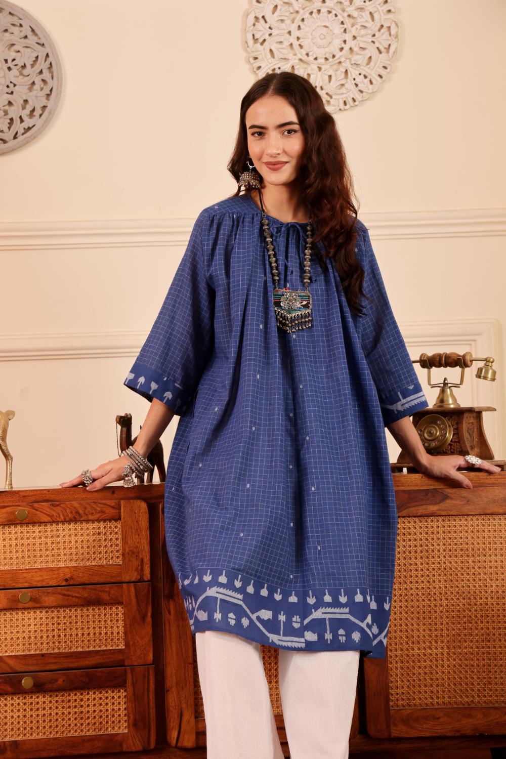 Royal Blue Checked Cotton Kurta for Women