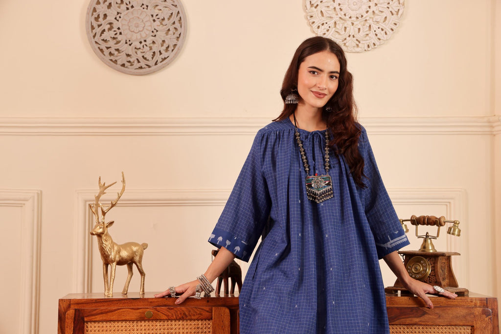 Royal Blue Checked Cotton Kurta for Women