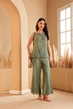 Women's Sage Green Embroidered mulmul Co-ord Set