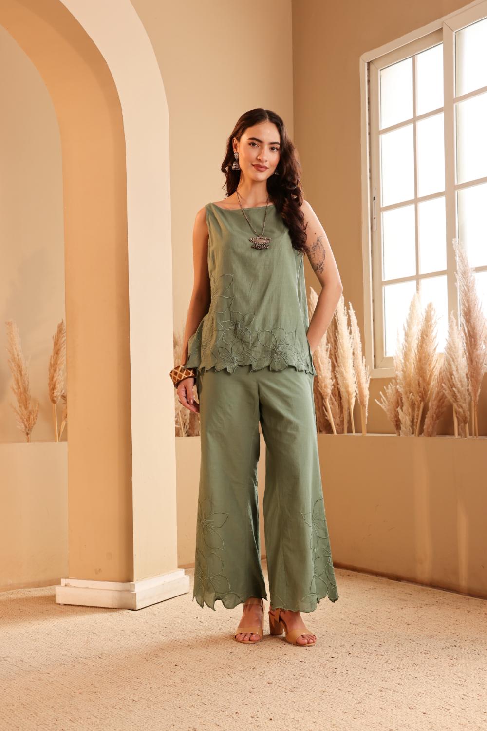 Women's Sage Green Embroidered mulmul Co-ord Set