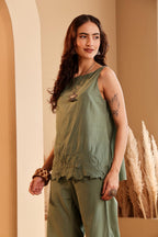 Women's Sage Green Embroidered mulmul Co-ord Set