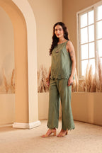 Women's Sage Green Embroidered mulmul Co-ord Set