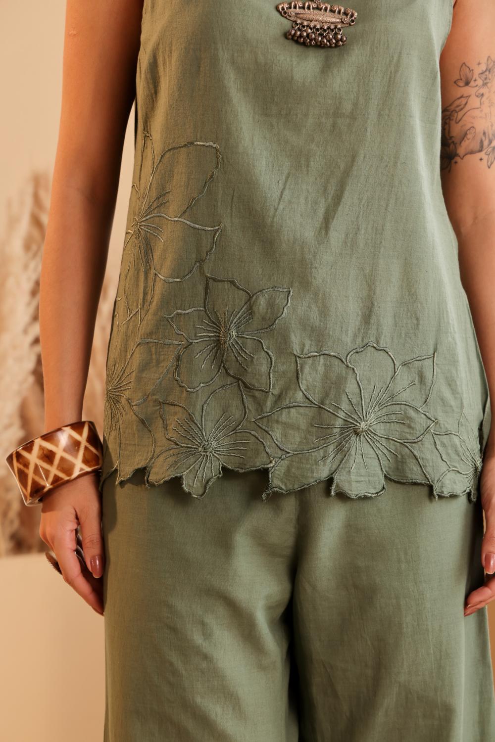 Women's Sage Green Embroidered mulmul Co-ord Set