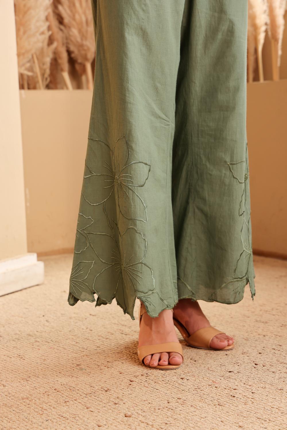 Women's Sage Green Embroidered mulmul Co-ord Set