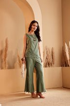 Women's Sage Green Embroidered mulmul Co-ord Set
