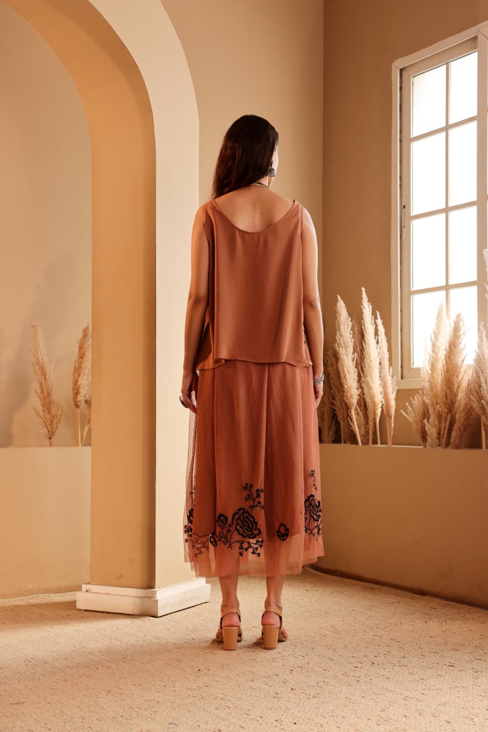 Women's Rust Embroidered silk Top & viscose net Skirt Set