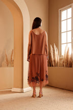 Women's Rust Embroidered silk Top & viscose net Skirt Set