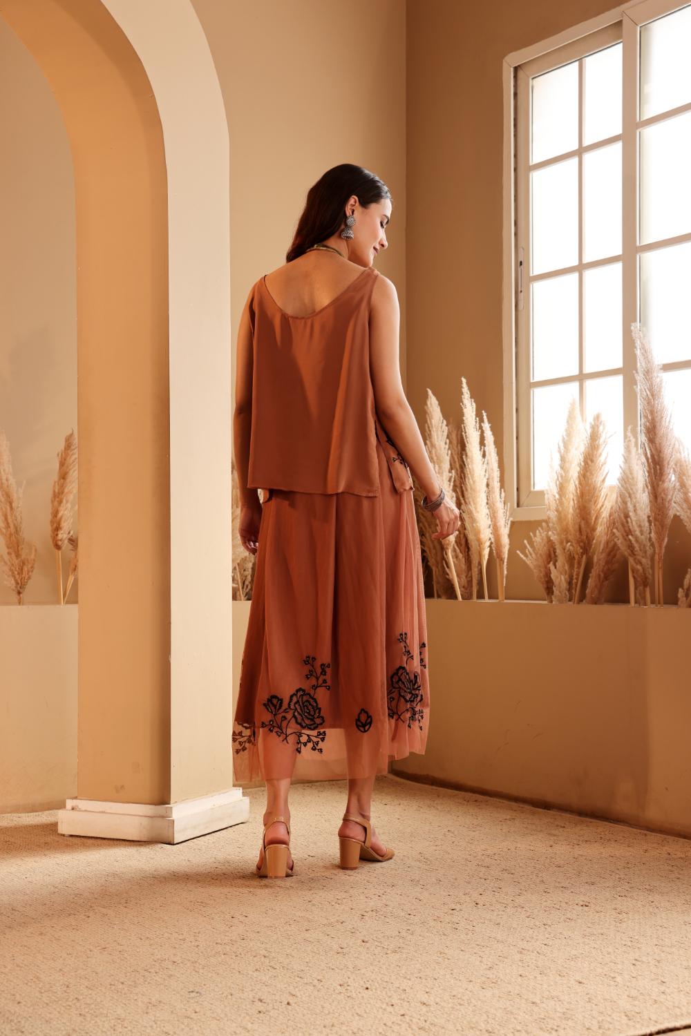 Women's Rust Embroidered silk Top & viscose net Skirt Set