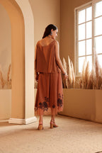 Women's Rust Embroidered silk Top & viscose net Skirt Set