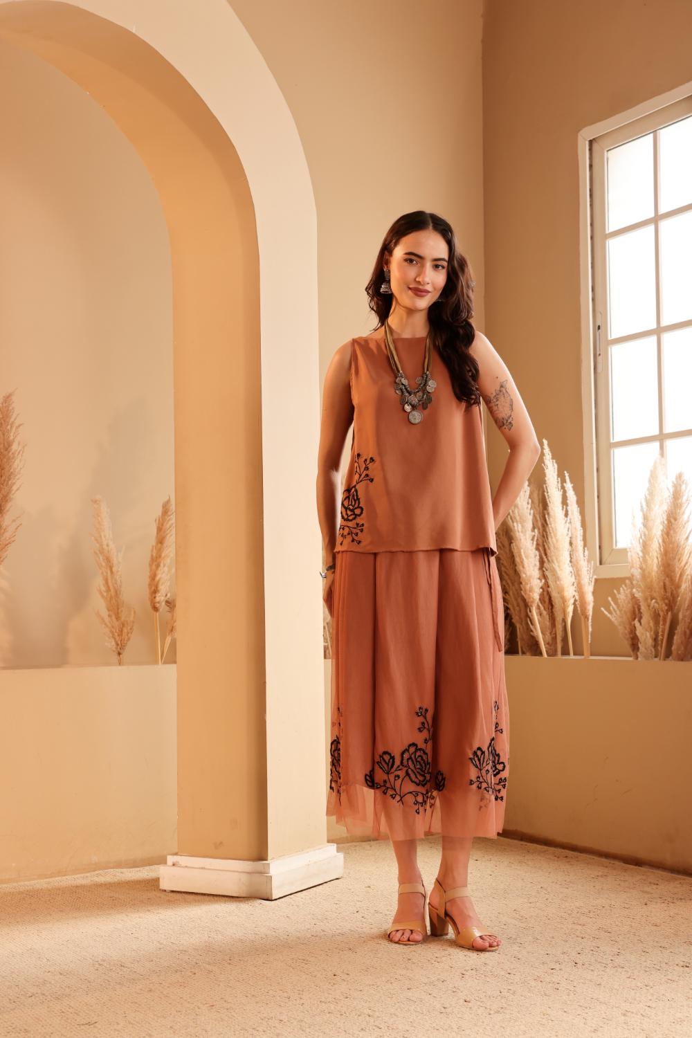 Women's Rust Embroidered silk Top & viscose net Skirt Set