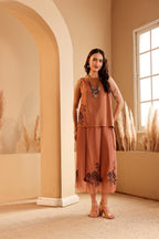 Women's Rust Embroidered silk Top & viscose net Skirt Set