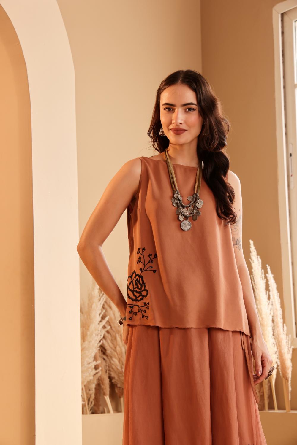 Women's Rust Embroidered silk Top & viscose net Skirt Set