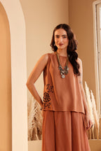 Women's Rust Embroidered silk Top & viscose net Skirt Set