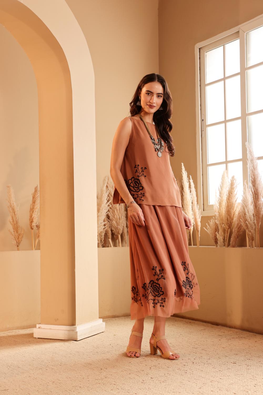 Women's Rust Embroidered silk Top & viscose net Skirt Set