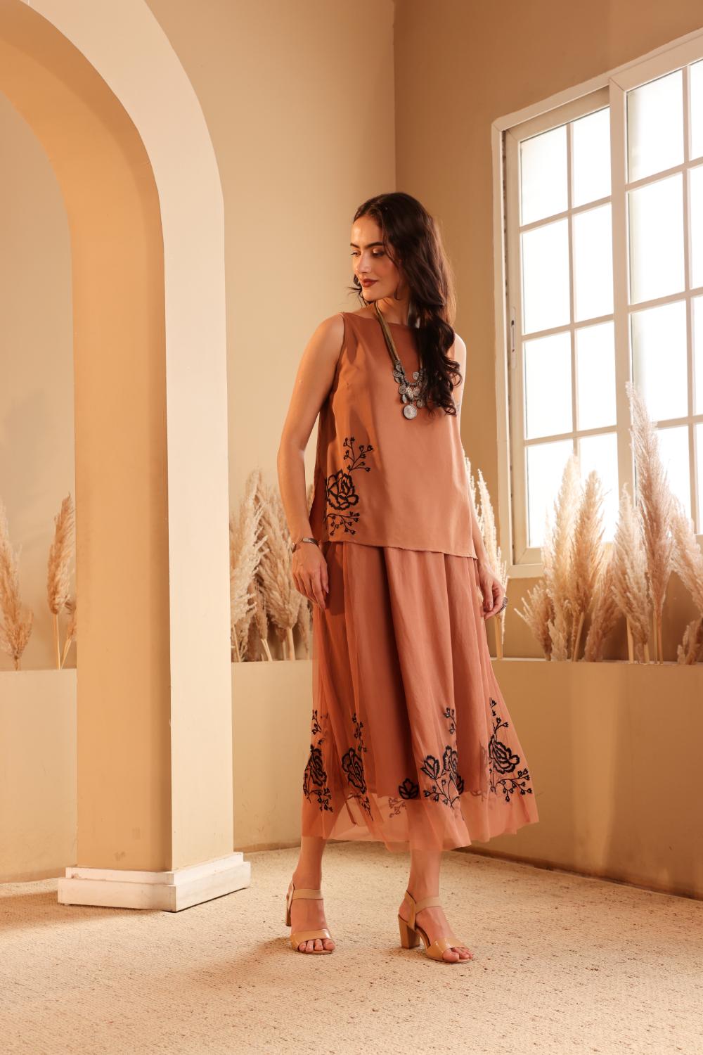 Women's Rust Embroidered silk Top & viscose net Skirt Set