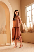 Women's Rust Embroidered silk Top & viscose net Skirt Set