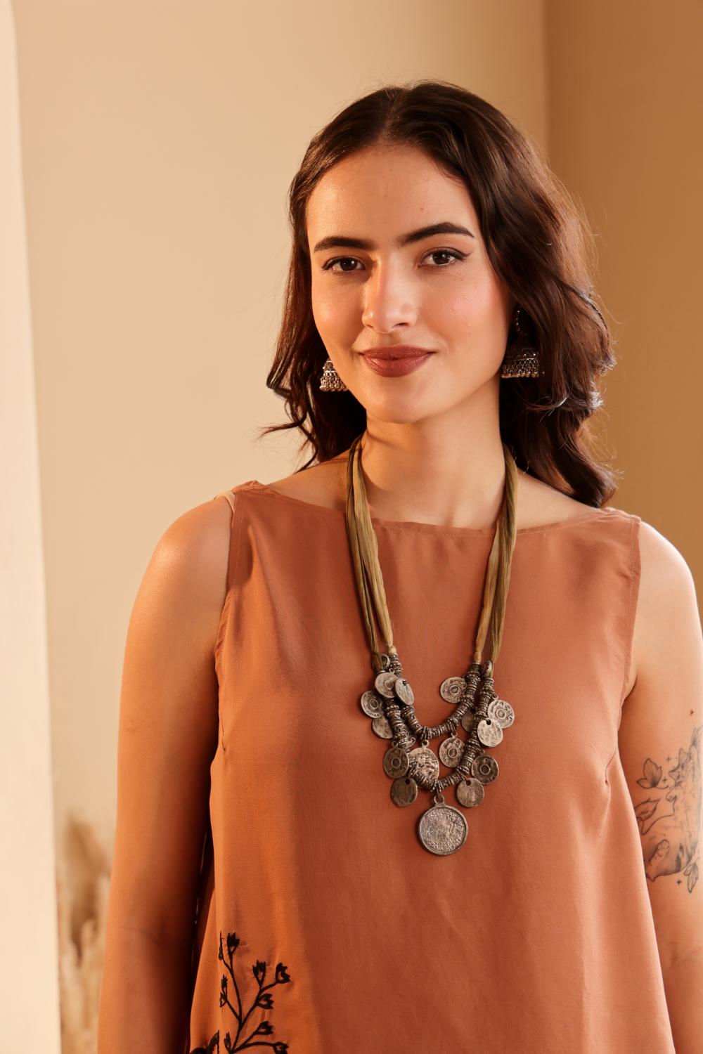 Women's Rust Embroidered silk Top & viscose net Skirt Set