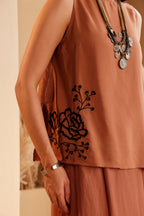 Women's Rust Embroidered silk Top & viscose net Skirt Set