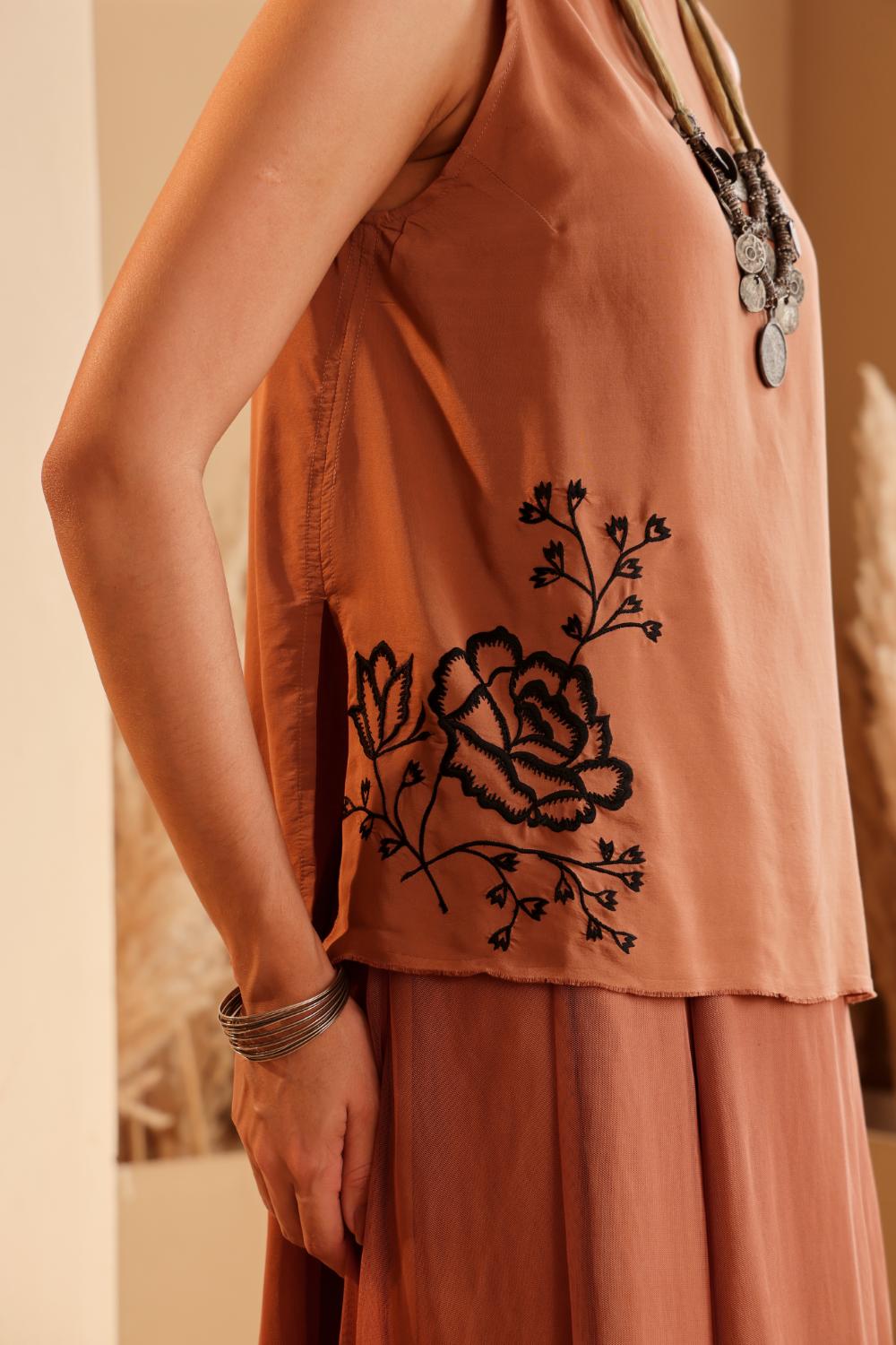Women's Rust Embroidered silk Top & viscose net Skirt Set