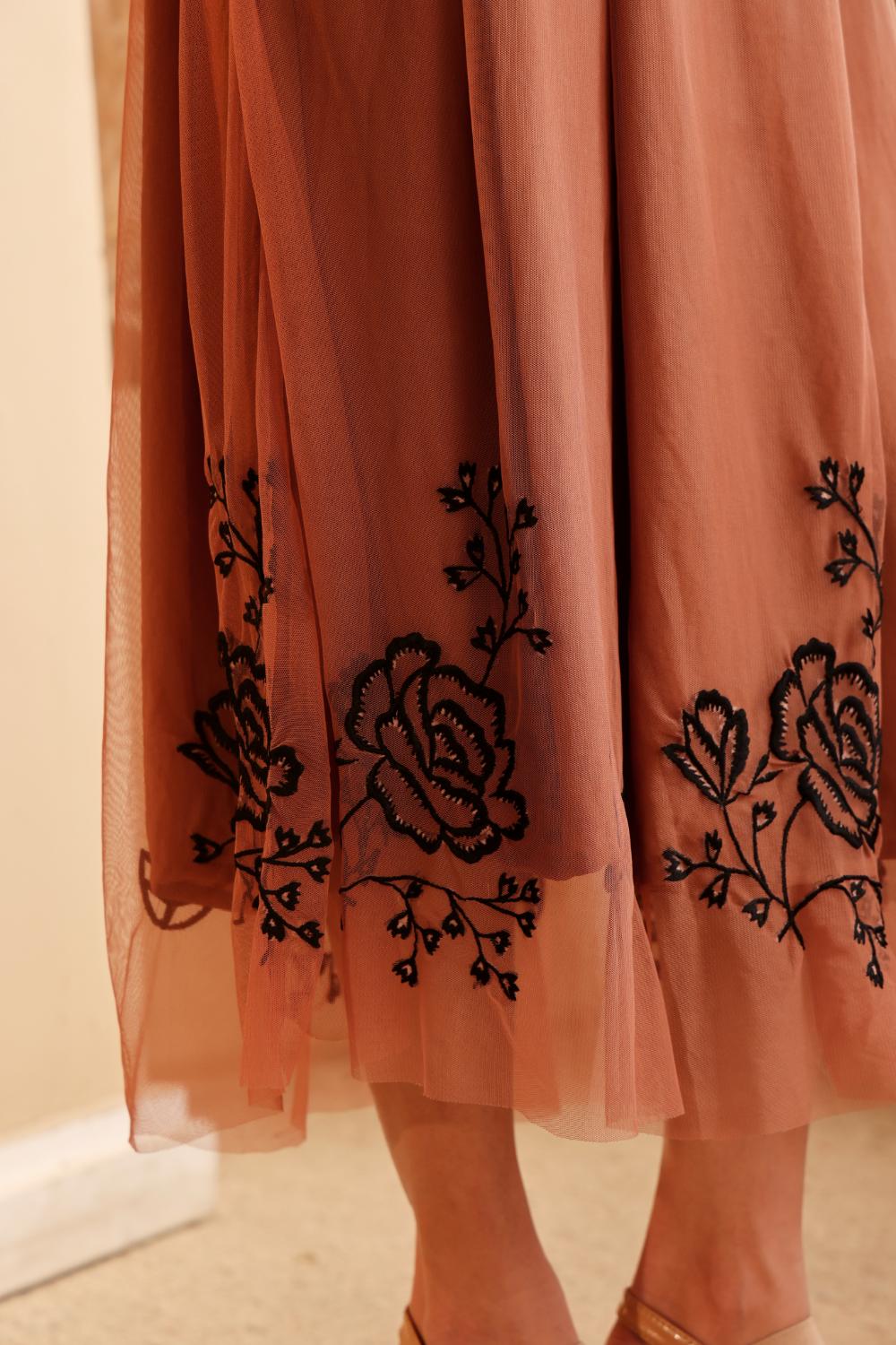 Women's Rust Embroidered silk Top & viscose net Skirt Set