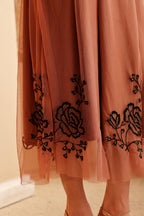 Women's Rust Embroidered silk Top & viscose net Skirt Set