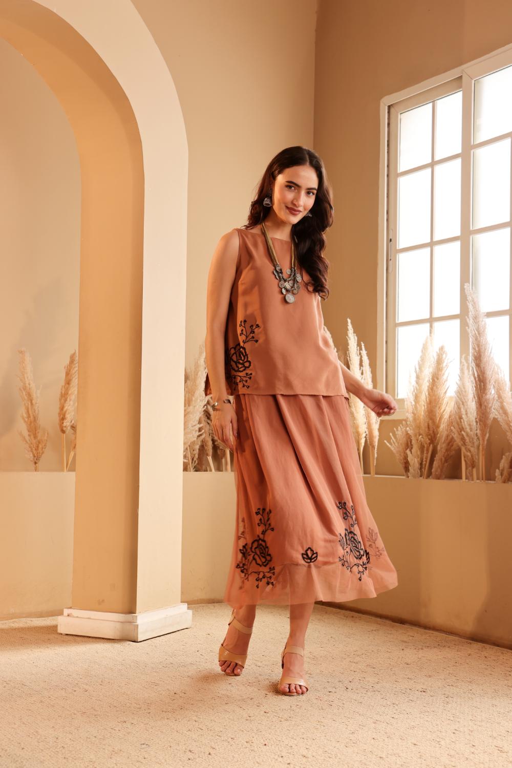 Women's Rust Embroidered silk Top & viscose net Skirt Set