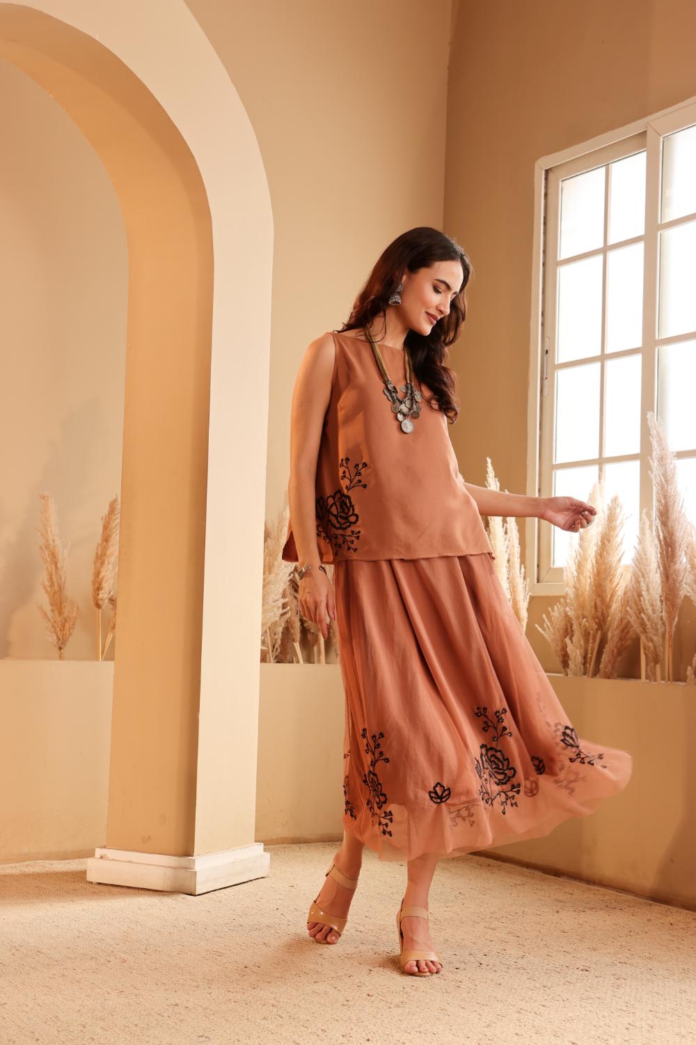 Women's Rust Embroidered silk Top & viscose net Skirt Set